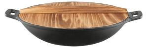 Tigaie wok cu capac lemn si 2 manere 32cm, fonta, Iron