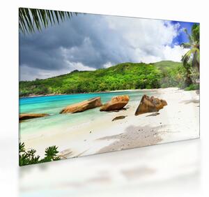 Tablou pe sticlă - Seychelles, plaja Takamaka (70x50 cm)
