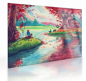 Tablou pe sticlă - Acuarelă, Golf într-un sat de munte (70x50 cm)