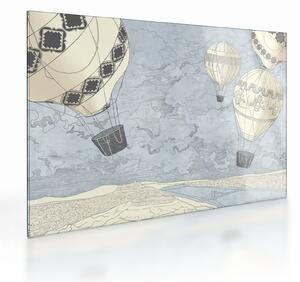 Tablou pe sticlă - Baloane deasupra orașului, nuanțe reci (70x50 cm)