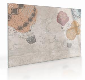 Tablou pe sticlă - Baloane deasupra orașului, nuanțe reci (70x50 cm)
