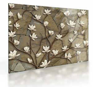 Tablou pe sticlă - Magnolii albe pe zidărie de piatră (70x50 cm)