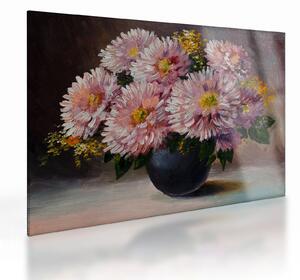 Tablou pe sticlă - Pictură în ulei, flori în vază (70x50 cm)