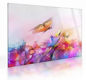 Tablou pe sticlă - Fluture asupra florilor, abstracție (70x50 cm)