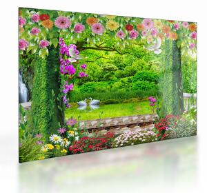 Tablou pe sticlă - Grădina magică cu lebede (70x50 cm)
