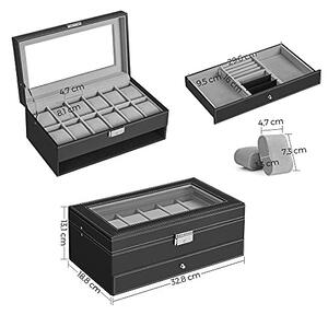 Cutie pentru ceasuri de mana, Songmics, Negru-Gri, 33x19.5x14 cm