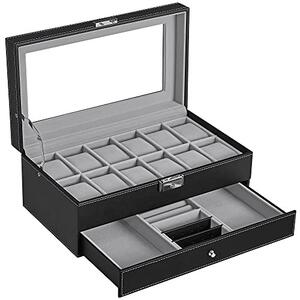 Cutie pentru ceasuri de mana, Songmics, Negru-Gri, 33x19.5x14 cm