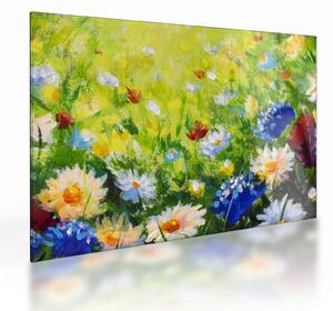 Tablou pe sticlă - Pictură în ulei, pajiște înflorită (70x50 cm)