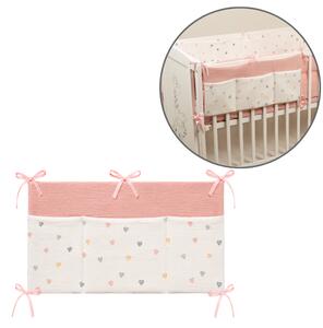 Organizator textil pentru patut Kidizi color Hearts – muselina 100% bumbac Oeko-Tex, 3 buzunare pentru depozitare