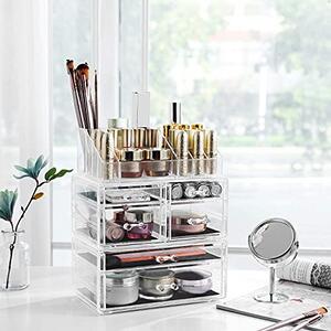 Organizator cosmetice machiaj, Songmics, Transparent, 23.8x15.3x29.6 cm
