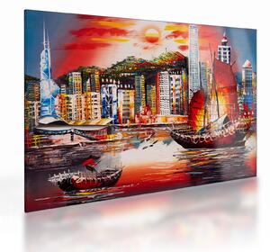 Tablou pe sticlă - Victoria Harbour, Hong Kong, pictură în ulei (70x50 cm)