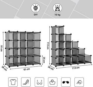 Set 15 cuburi modulare din plastic pentru depozitare, Songmics, Gri, 91x36x91 cm