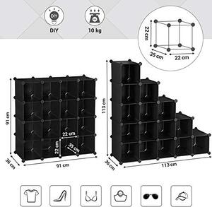 Set 15 cuburi modulare din plastic pentru depozitare, Songmics, Negru, 91x36x91 cm