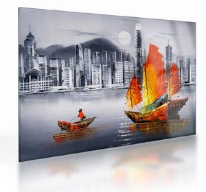 Tablou pe sticlă - Victoria Harbour, Hong Kong, pictură în ulei alb- negru (70x50 cm)