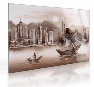 Tablou pe sticlă - Victoria Harbour, Hong Kong, efect sepia (70x50 cm)