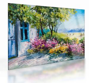 Tablou pe sticlă - Grădina din fața casei, pictură în ulei (70x50 cm)