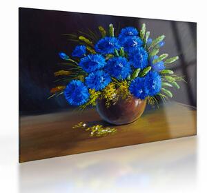 Tablou pe sticlă - Flori albastre în vază (70x50 cm)
