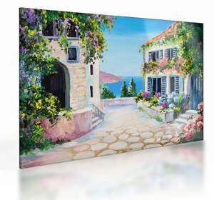 Tablou pe sticlă - Alee grecească, pictură în ulei (70x50 cm)