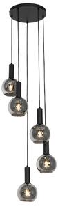 Lampă de suspendare Art Deco neagră cu sticlă fumă rotundă 5 lumini - Josje