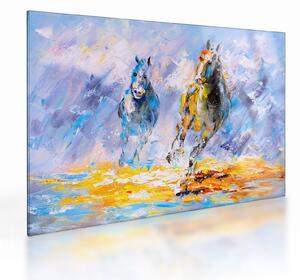 Tablou pe sticlă - Caii alergând, pictură în ulei (70x50 cm)