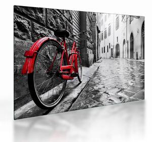 Tablou pe sticlă - Bicicleta roșie pe o stradă pavată (70x50 cm)