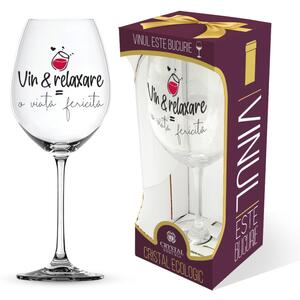 Pahar pentru vin, mesaj amuzant "Vin & relaxare = o viață fericită"