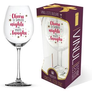 Pahar pentru vin, mesaj amuzant "Cheers to sparkling nights and endless laughs"