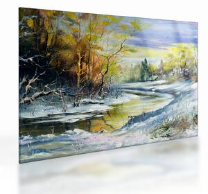 Tablou pe sticlă - Râu de iarnă, pictură în ulei (70x50 cm)
