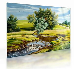 Tablou pe sticlă - Râu între câmpii, pictură în ulei (70x50 cm)