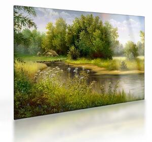 Tablou pe sticlă - Râu lângă pădure, pictură în ulei (70x50 cm)