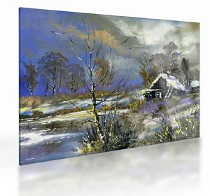 Tablou pe sticlă -Cabane într-un peisaj de iarnă, pictură în ulei (70x50 cm)