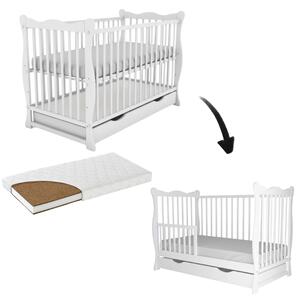 Patut din lemn masiv cu sertar, capac, bariera 120x60 cm Kidizi Isla alb si saltea cocos LUX 120x60x12 cm,reglabil pe 3 nivele, certificat EN71