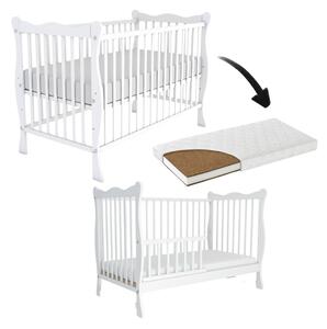 Patut din lemn masiv cu bariera 120x60 cm Kidizi Isla alb si saltea cocos LUX 120x60x12 cm,reglabil pe 3 nivele, certificat EN71