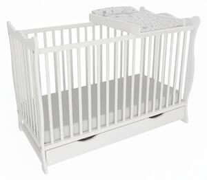 Patut din lemn masiv cu sertar si capac 120x60 cm Kidizi Isla alb, masuta infasat din lemn si salteluta incluse, reglabil pe 3 nivele, certificat EN71