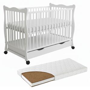 Patut din lemn masiv cu sertar, capac si roti 120x60 cm Kidizi Isla alb si saltea cocos LUX 120x60x12 cm,reglabil pe 3 nivele, certificat EN71