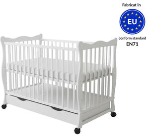 Patut din lemn masiv cu sertar, capac si roti 120x60 cm Kidizi Isla alb,reglabil pe 3 nivele, certificat EN71