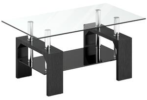 HOMCOM Măsuță de Cafea Modernă cu 2 Nivele din Lemn și Oțel cu Blat din Sticlă Temperată, 90x50x42 cm, Negru | Aosom Romania