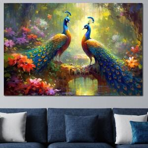 Tablou Canvas Premium, LuxCanva® M1028, Incoronati de Natura, Pauni, Cuplu, Pasari, Natura, Pereche, Flori, Romantic, Basm, Eleganta, Birou, Living, Camera Copii
