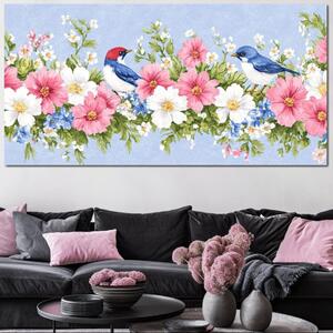 Tablou Canvas Premium, LuxCanva® M1029, Gradina cu Triluri Colorate, Lemn, Flori, Pastel, Pasari, Primavara, Pereche, Relaxare, Poezie, Birou, Living, Camera Copii
