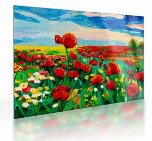 Tablou pe sticlă - Câmp cu maci (70x50 cm)