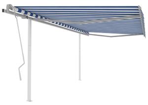 Copertină retractabilă manual, cu stâlpi, albastru&alb 4,5x3 m