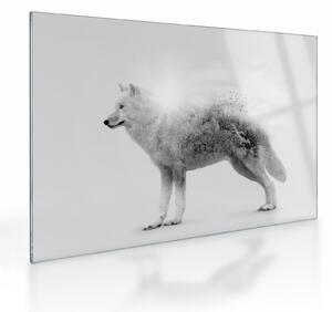 Tablou pe sticlă - Lupul arctic oglindit în peisajul sălbatic, alb-negru (70x50 cm)