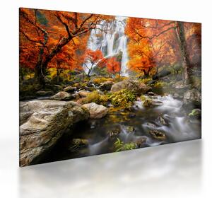 Tablou pe sticlă - Cascade în pădurea portocalie (70x50 cm)