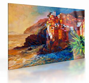 Tablou pe sticlă - Satul de coastă Cinque Terre, Riviera italiană, impresionismul modern (70x50 cm)