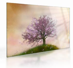 Tablou pe sticlă - Copacul înflorit în deal (70x50 cm)