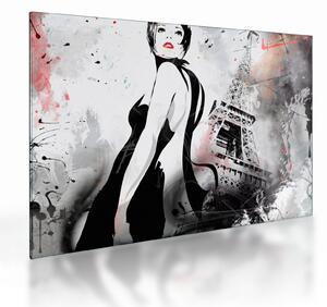 Tablou pe sticlă - Doamna și Turnul Eiffel (70x50 cm)