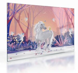 Tablou pe sticlă - Unicorn în pădurea fermecată (70x50 cm)