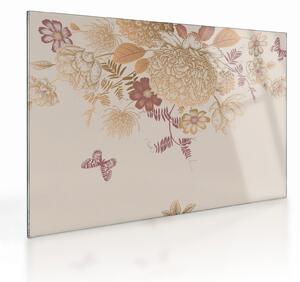 Tablou pe sticlă - Vintage, flori și fluturi (70x50 cm)
