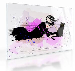 Tablou pe sticlă - Femeia cu pisică neagră (70x50 cm)