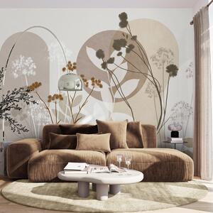 Tapet Compoziție botanică și minimalistă din flori și frunze uscate, cu elemente geometrice abstracte, Imagini de fundal unice, w09906 : Uwalls.ro